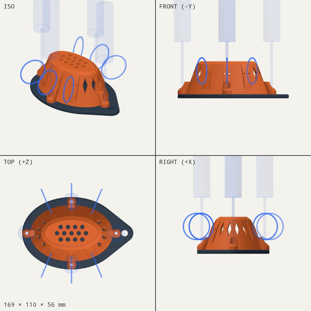 Orange slotted cage on a dark base plate with loops around it and a tow eye at one end