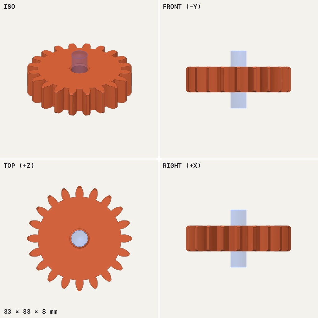 Orange gear with twenty teeth and a round hole through the centre