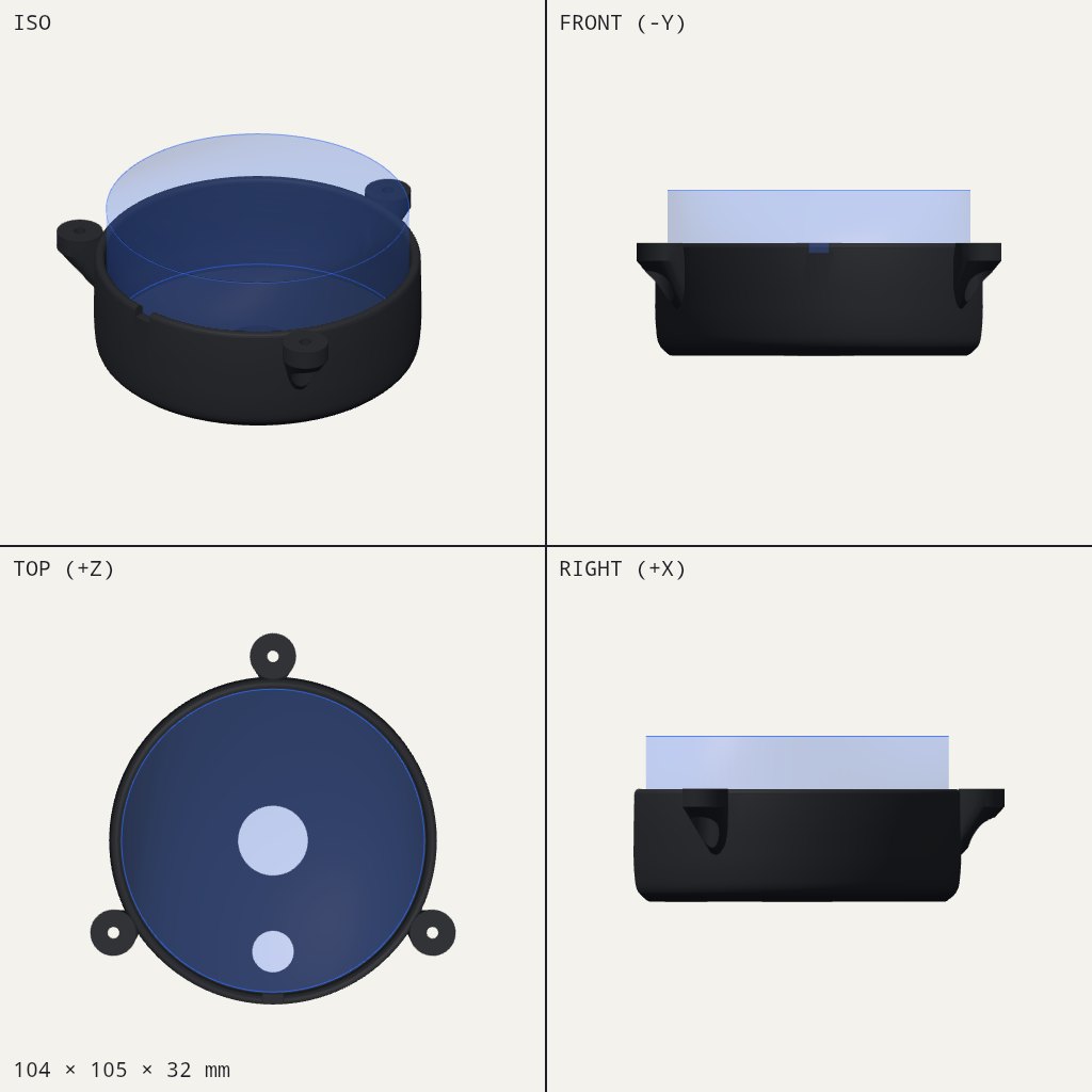 Shallow black round cup with three small screw tabs on the rim and two round holes in the base