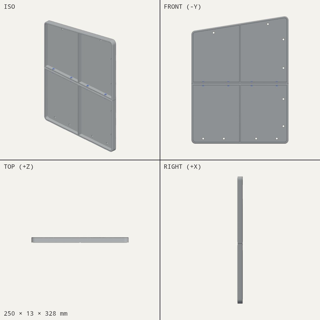 Flat rectangular panel with a sloped top edge, ribbed pockets and screw holes, split into two halves