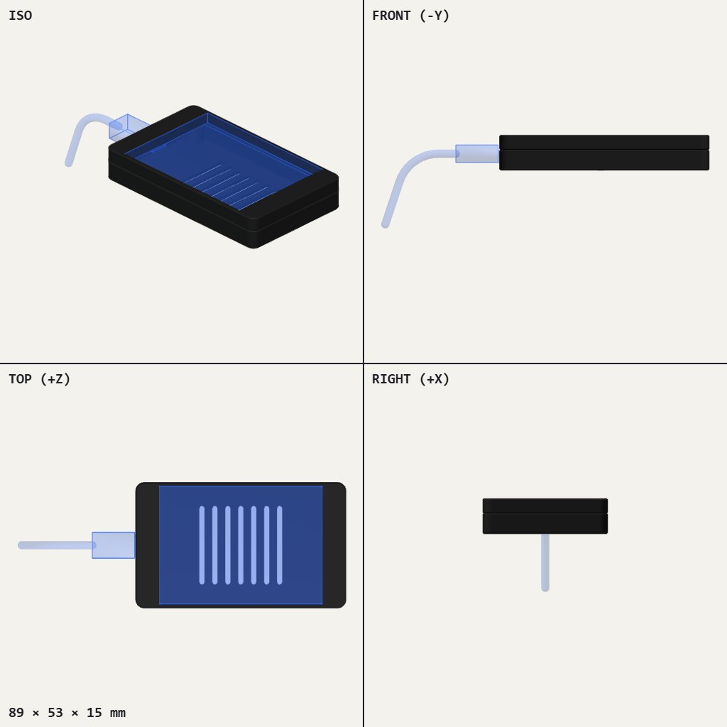 Flat black rectangular case with a blue screen window and a cable entering one short end