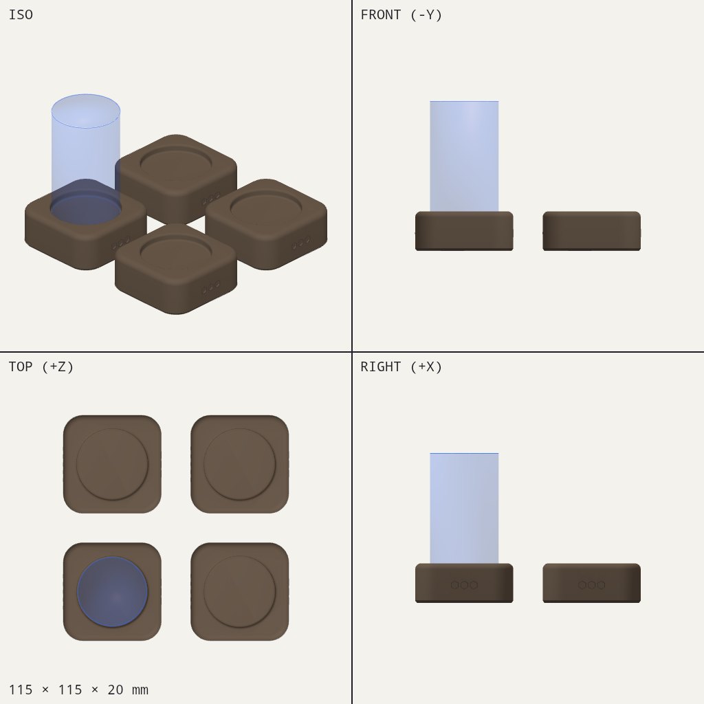 Four low square blocks with rounded corners, each with a round recess in the top, one holding a cylinder