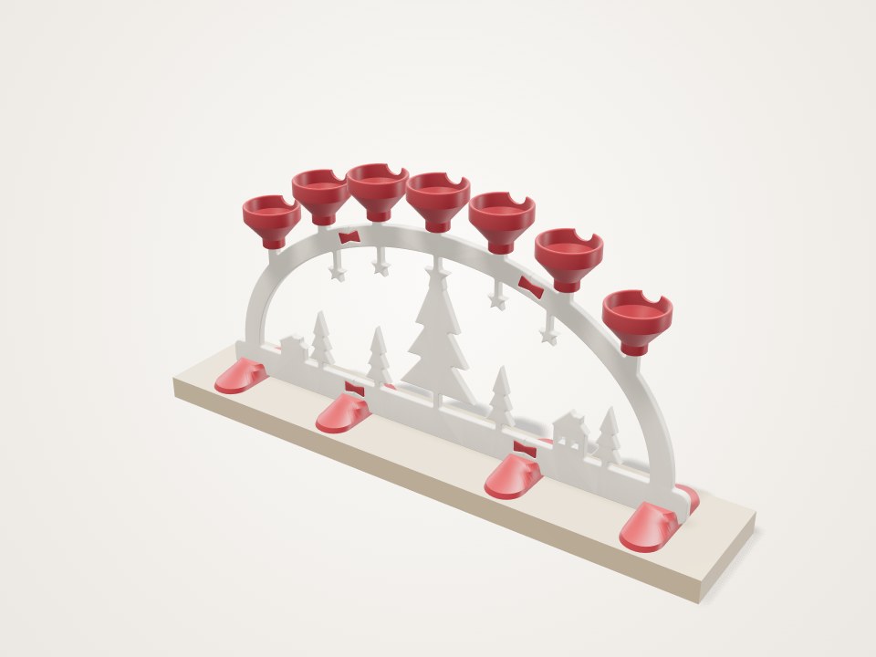 White arch with a cutout fir tree, houses and stars, red cups along the top and red feet on a base