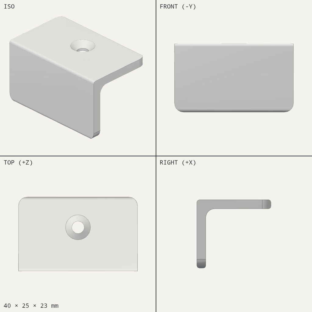 Small L-shaped bracket with a round countersunk screw hole in the flat top and a short downward flange