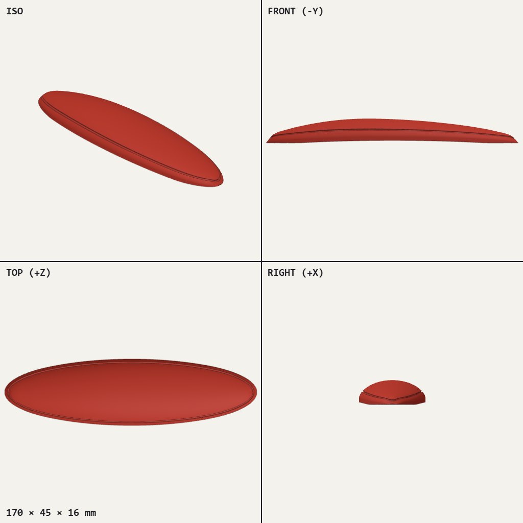 Long, narrow red oval lens with a shallow dome and a thin groove just inside the edge