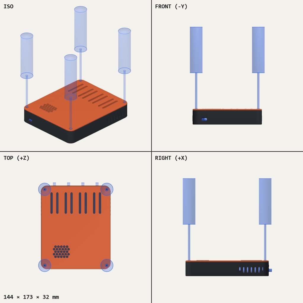 Flat orange-lidded case with four tall dongle shapes standing up from its corners