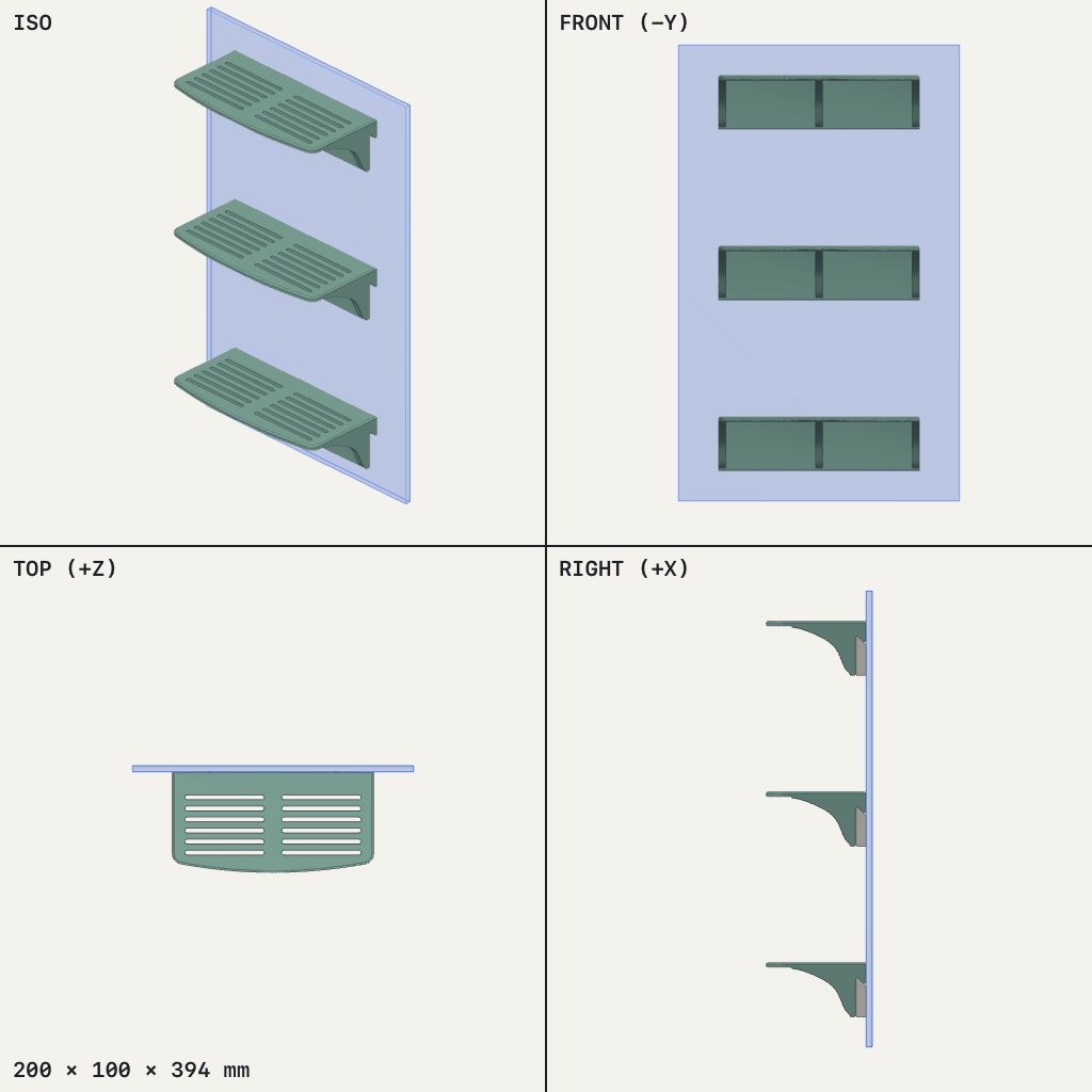 Three slotted shelves with curved brackets stacked one above another against a wall panel