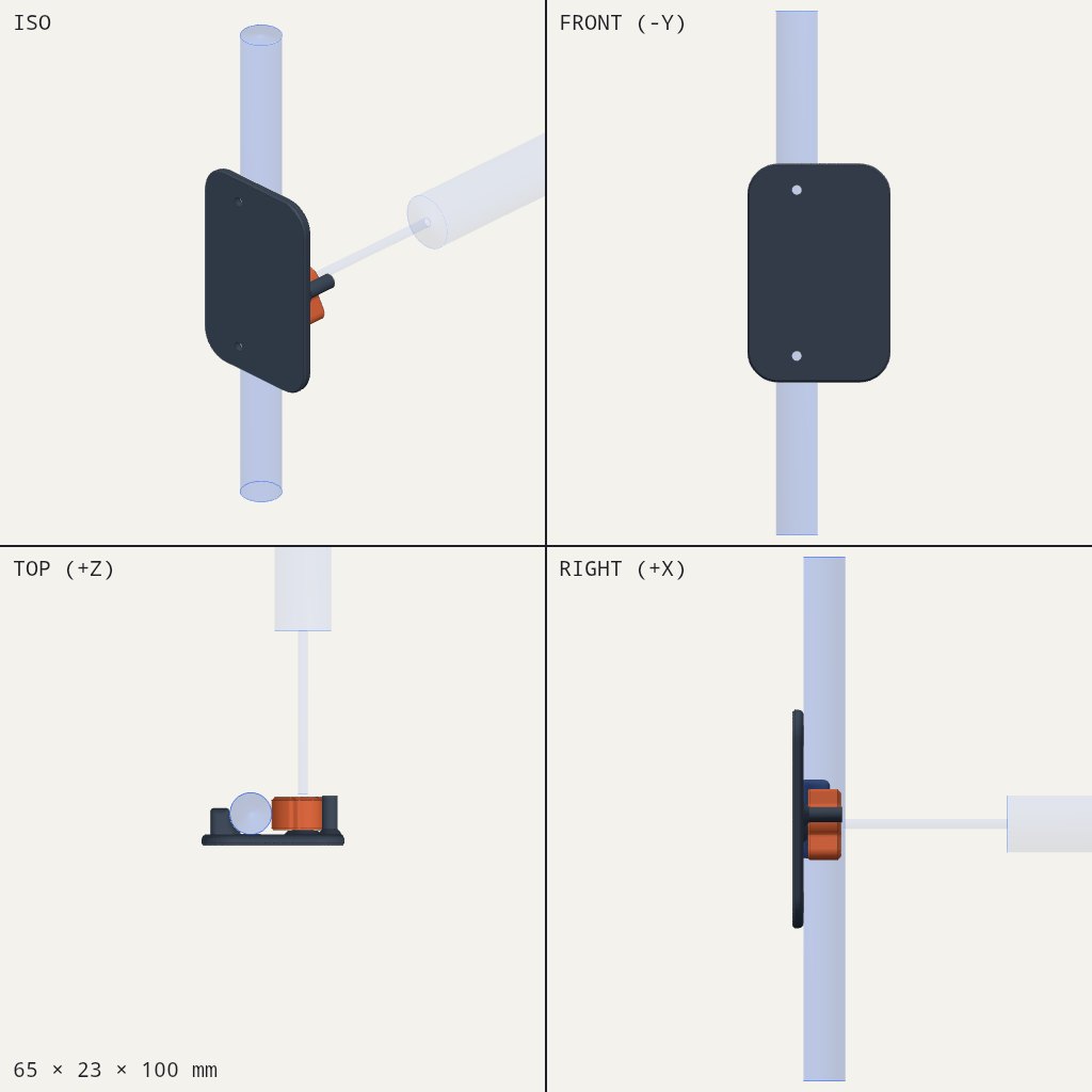 Dark rounded wall plate with a small orange cam clamp holding a round broom handle