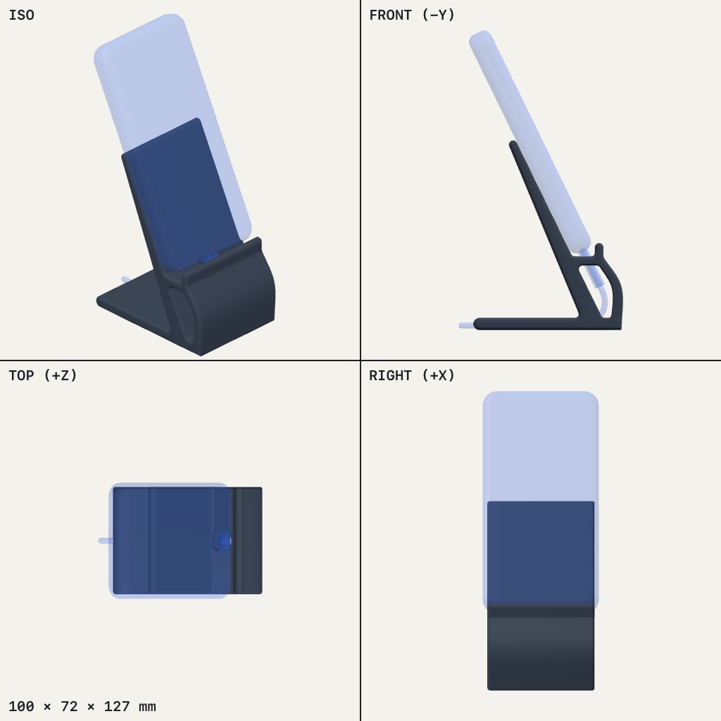 Slanted phone stand with a low front lip and a cable slot, holding a phone upright