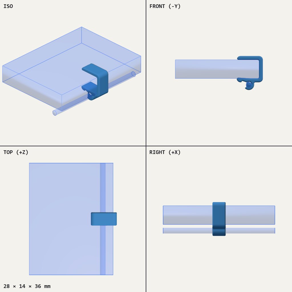 Small C-shaped clamp gripping a desk edge with a round cable hook underneath
