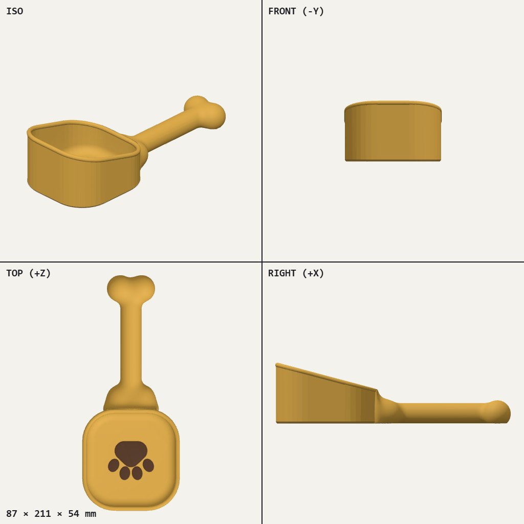 Yellow scoop with a squared bowl, a paw print on the base and a bone-shaped handle