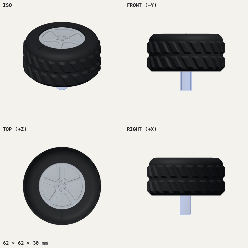 Black off-road tire with deep tread and a silver five-spoke wheel face on top