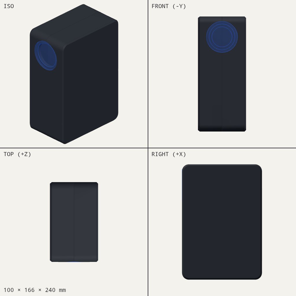 Tall dark rounded box with a round driver opening near the top of the front face