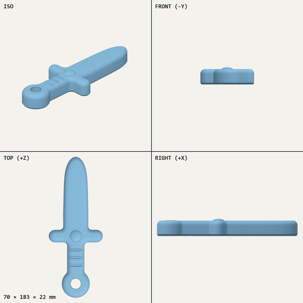 Small toy sword with rounded blade, crossguard, ridged grip and a ring at the pommel