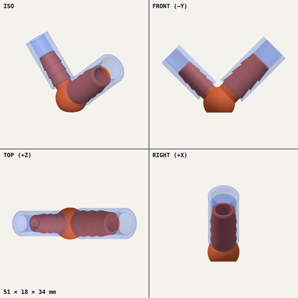 Elbow hose fitting with ridged barbs on each arm, one end wider than the other