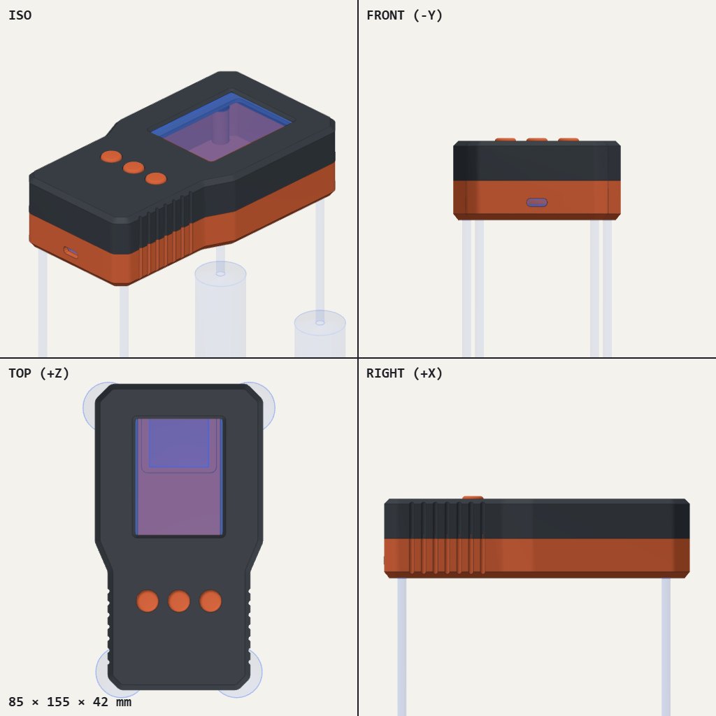 Dark handheld case with orange base, rectangular screen window and three round orange buttons