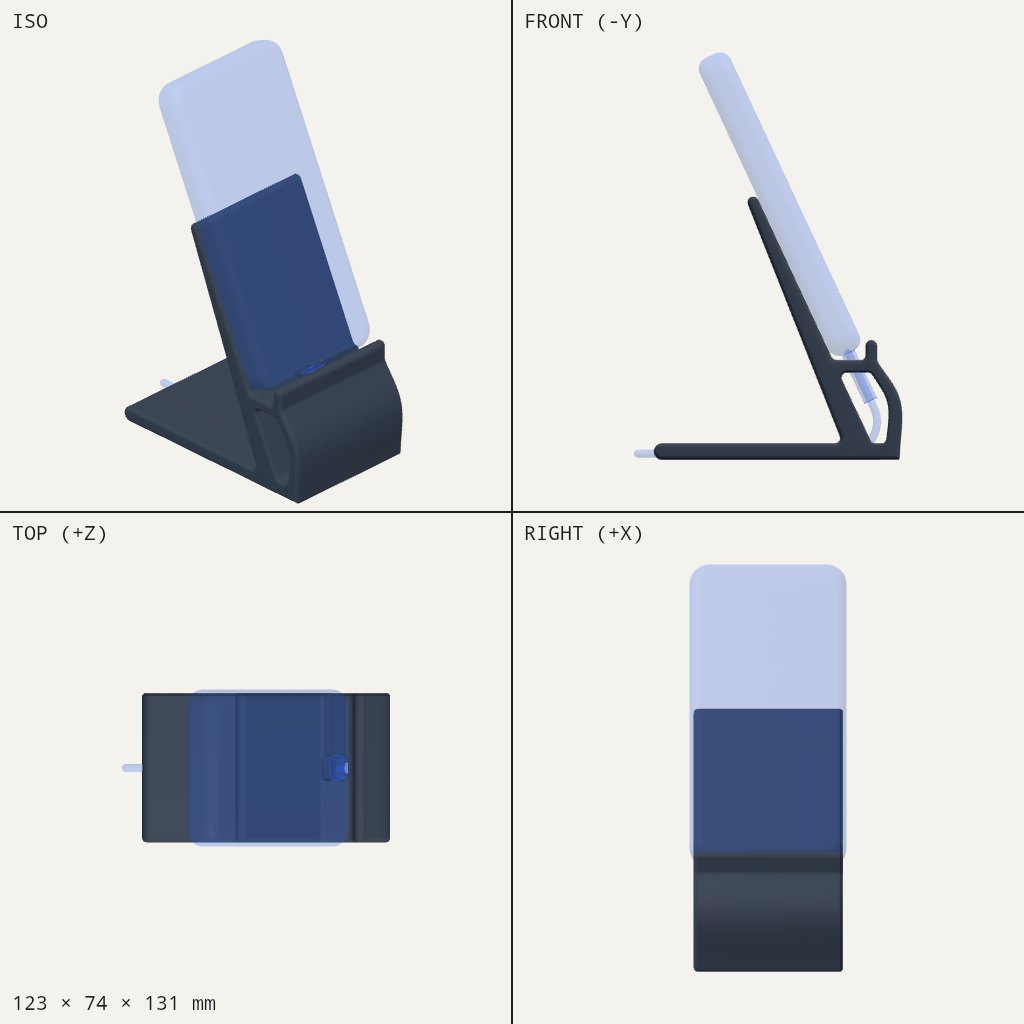 Angled phone stand with a slim backrest and a wide base, holding a phone upright with a cable running down