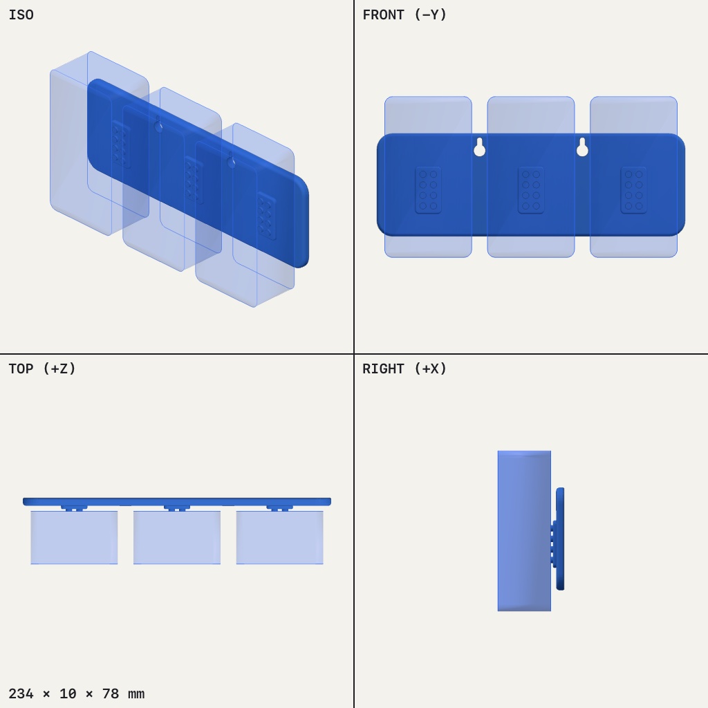 Long flat wall plate with three small stud plates and three translucent car shapes, two keyhole slots at top