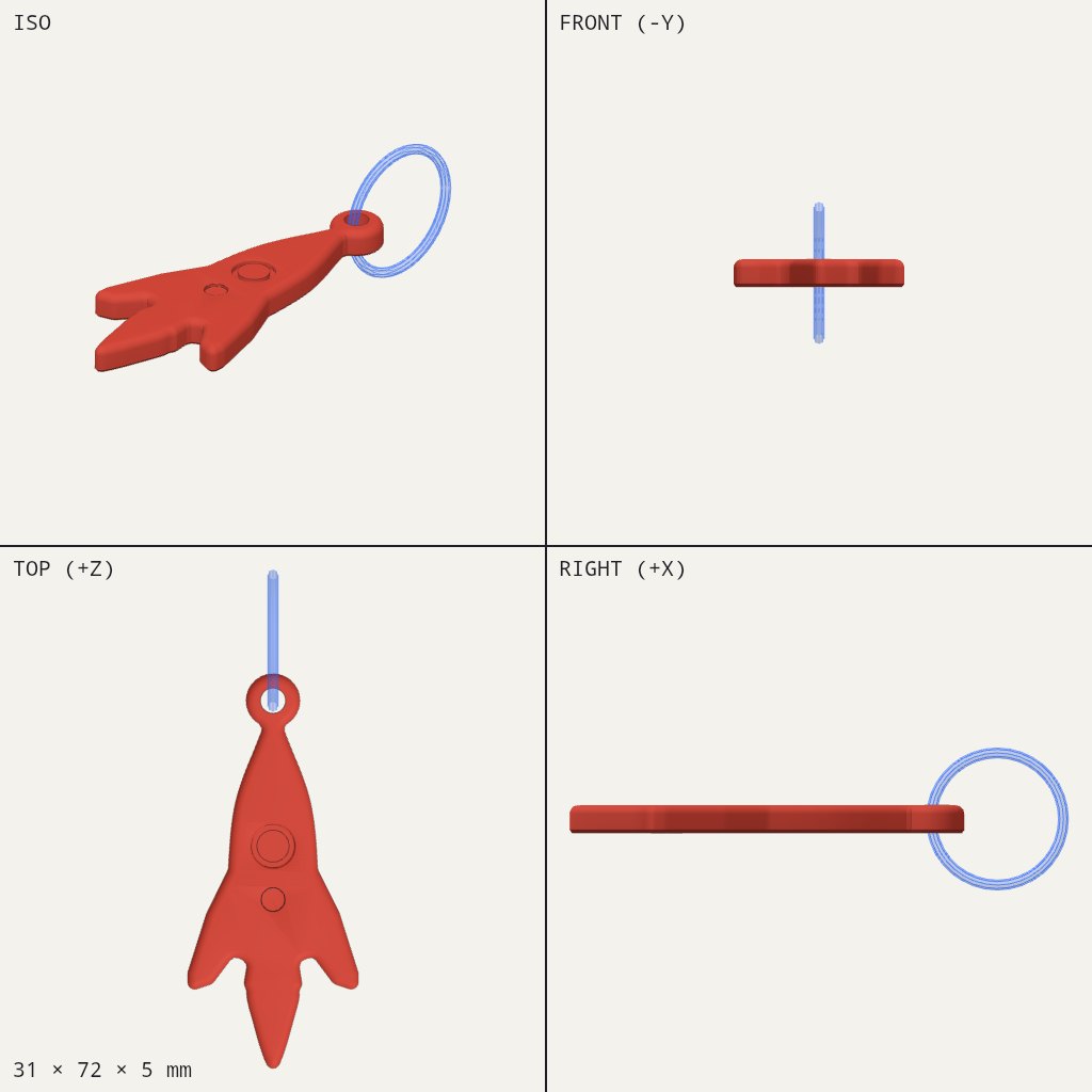 Flat red rocket keychain with tail fins and two round portholes, a thin ring through the nose loop