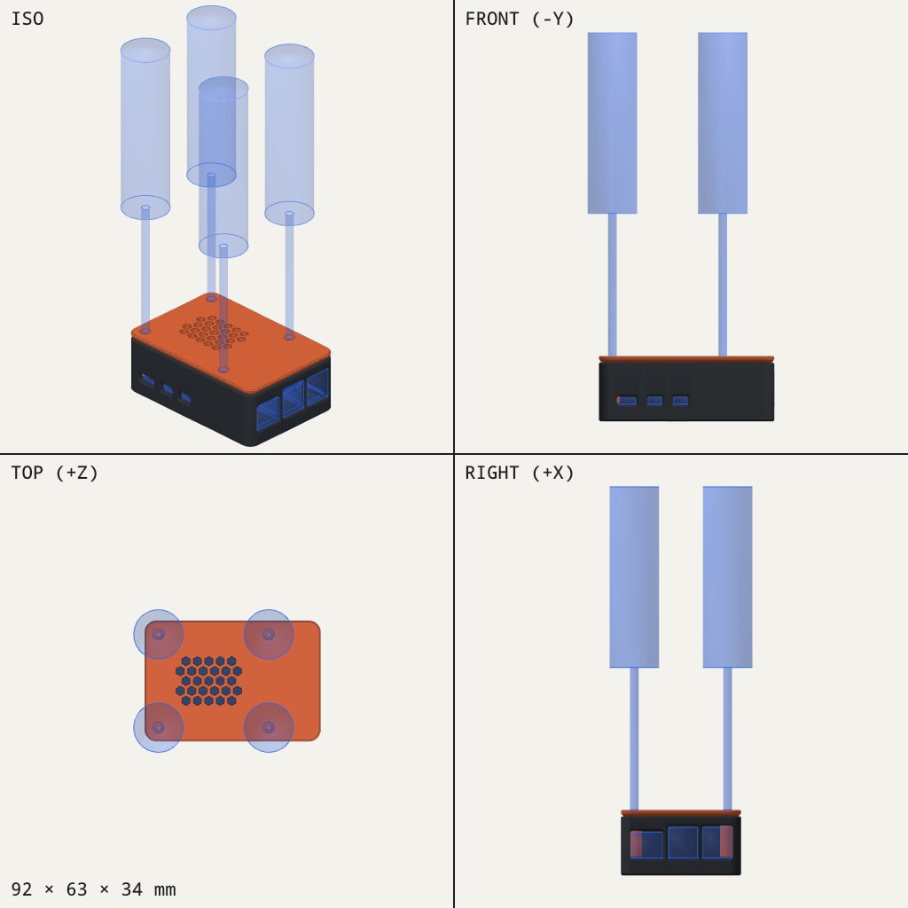 Black box case with an orange vented lid and port cutouts, with four blue pillars marking screw holes