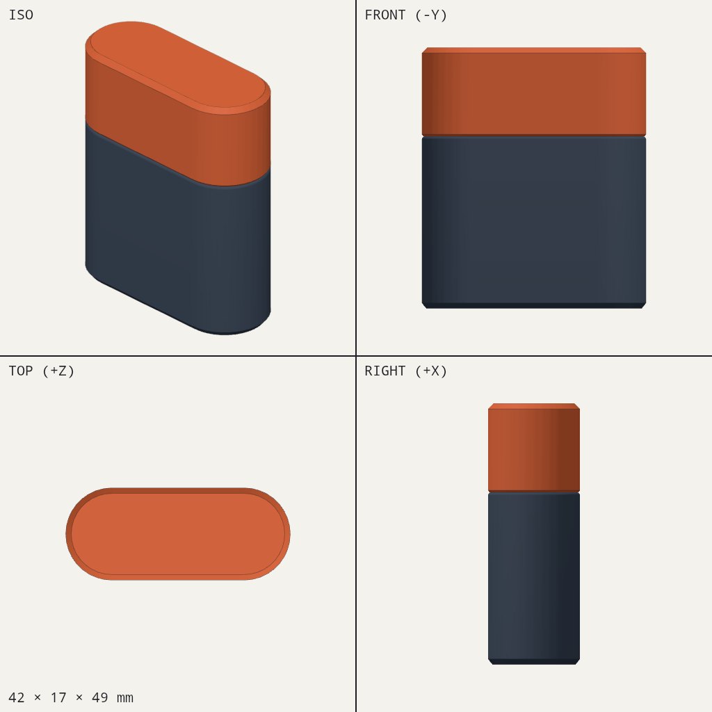 Slim rounded-oblong case in dark grey with an orange lid sitting on top