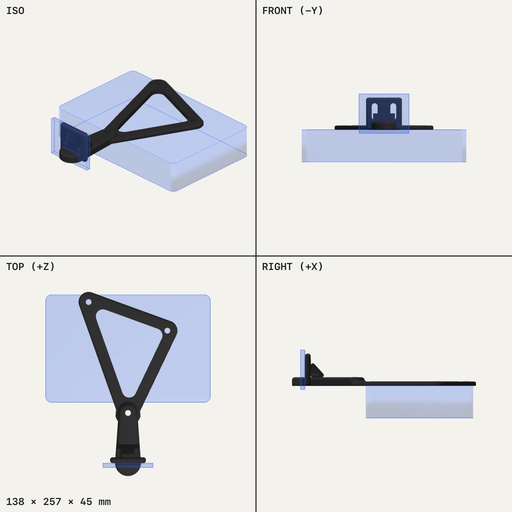 Flat black triangular bracket with a small hole at each corner and an angled arm ending in a slotted foot