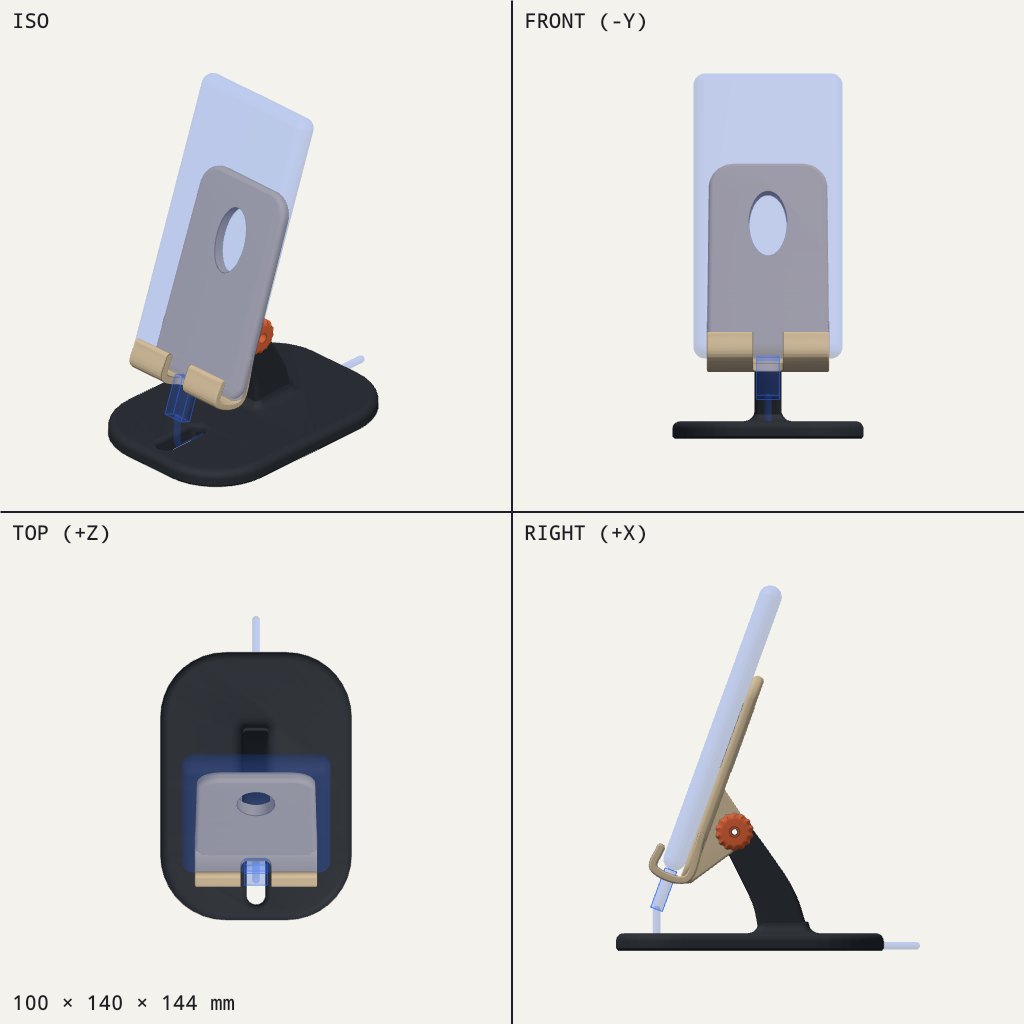 Phone stand with a tilting back plate, small lip at the bottom, red knob and a dark oval base with a cable slot
