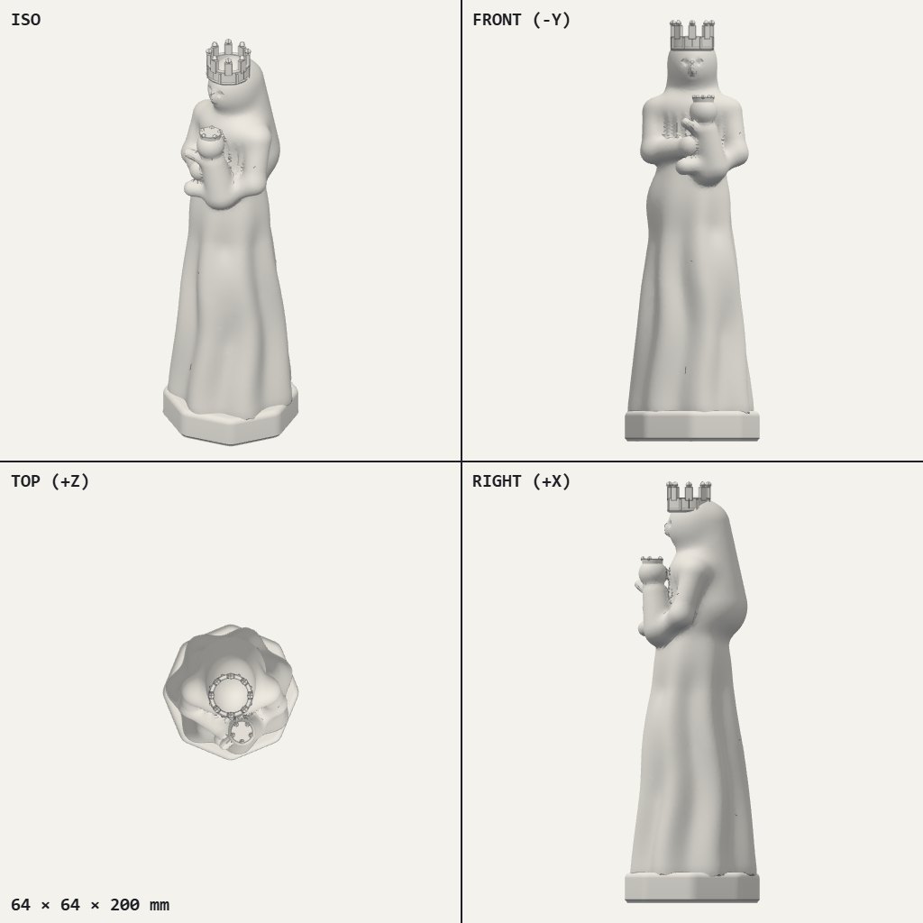 Standing robed figure with a crown, holding a small child in one arm, on a flat octagonal base