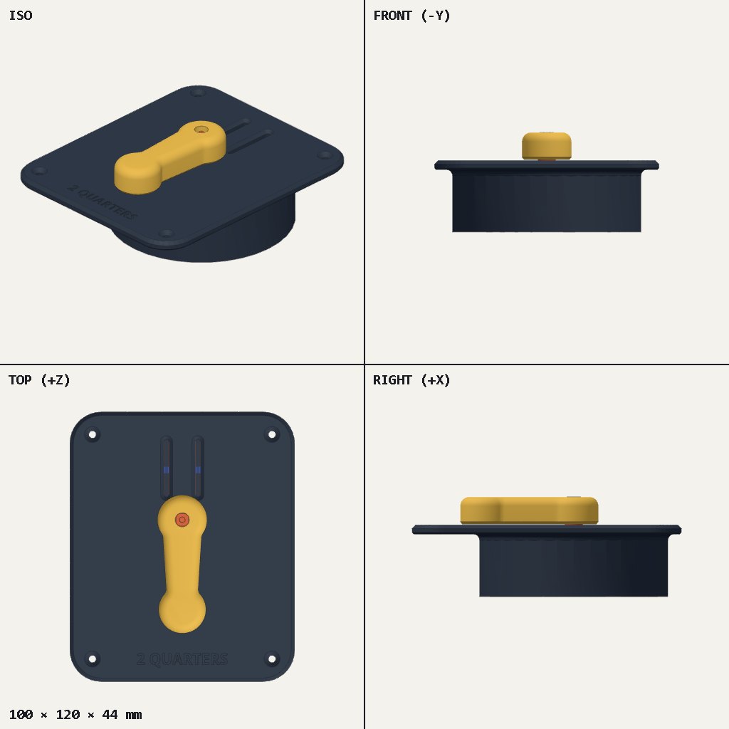 Dark square plate with two coin slots, a yellow lever on top, round barrel below and four corner screw holes