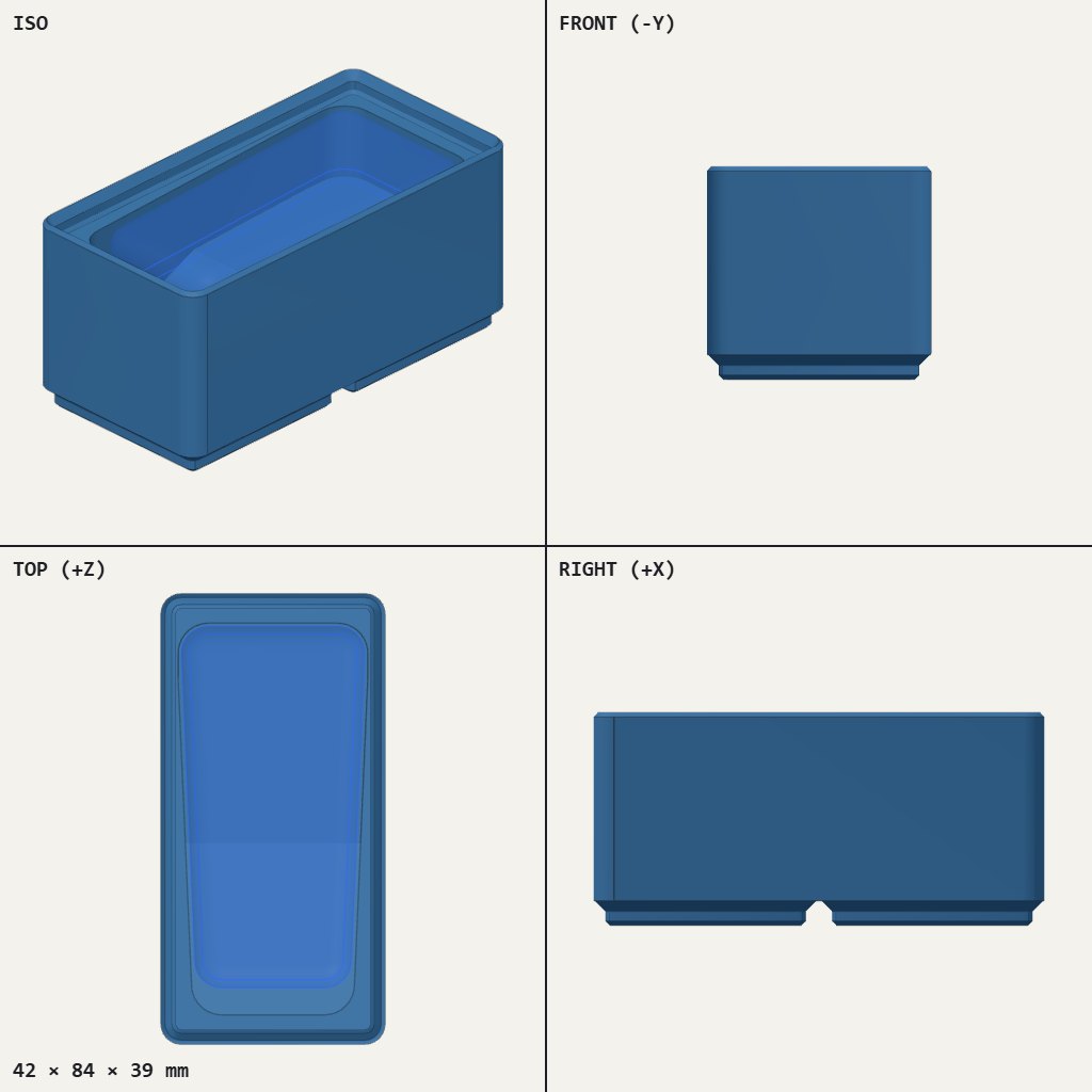 Tall rectangular bin with a tapered pocket cut into the top and a Gridfinity base underneath