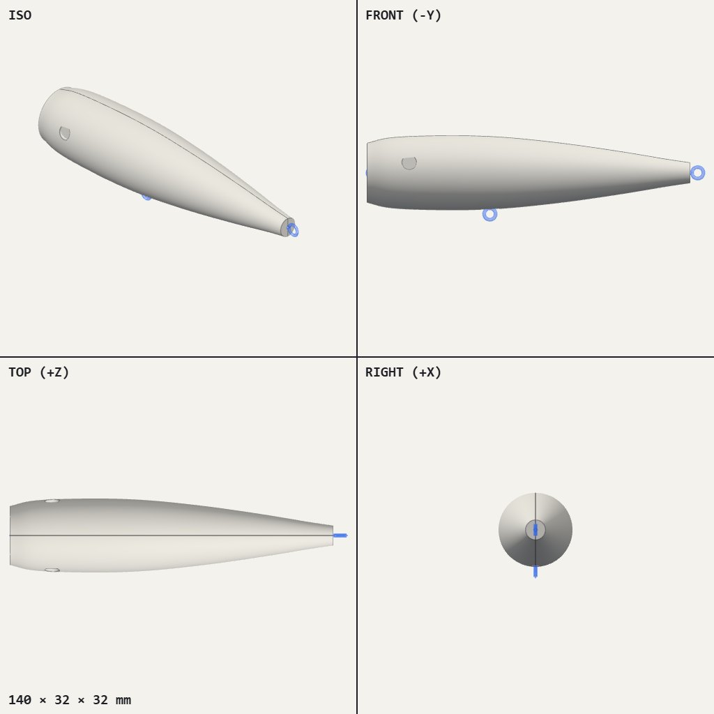 Long tapered torpedo-shaped lure body with small eyes at the head and wire loops at nose, belly and tail