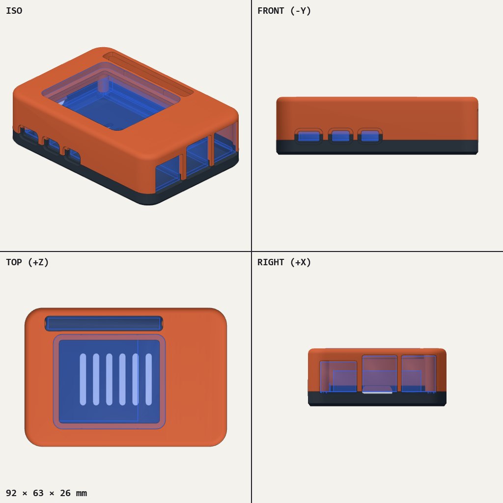 Orange and dark grey low case with a rectangular lid window and port openings along the sides