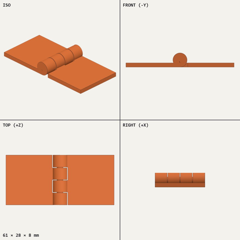 Two flat rectangular plates joined by a row of four interlocking round knuckles along the middle