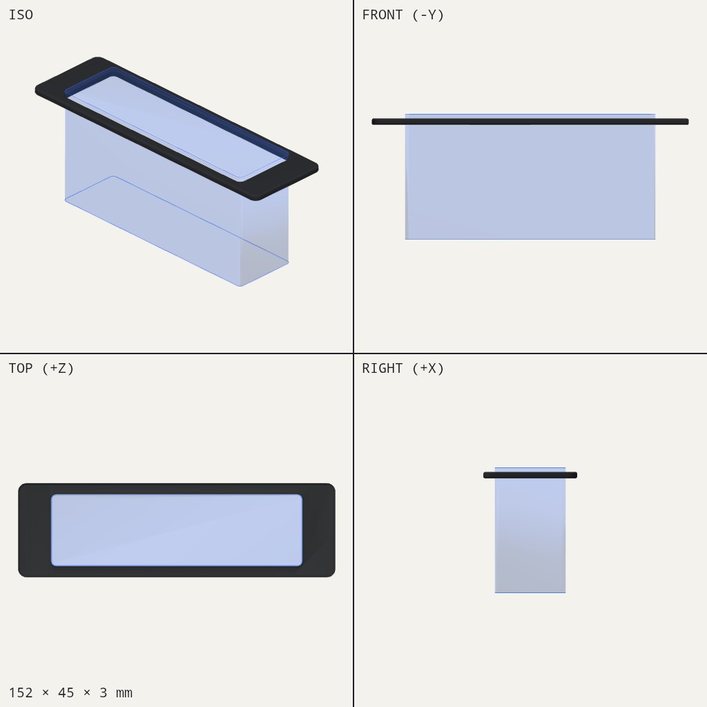 Thin dark rectangular plate with a tall translucent block hanging below it