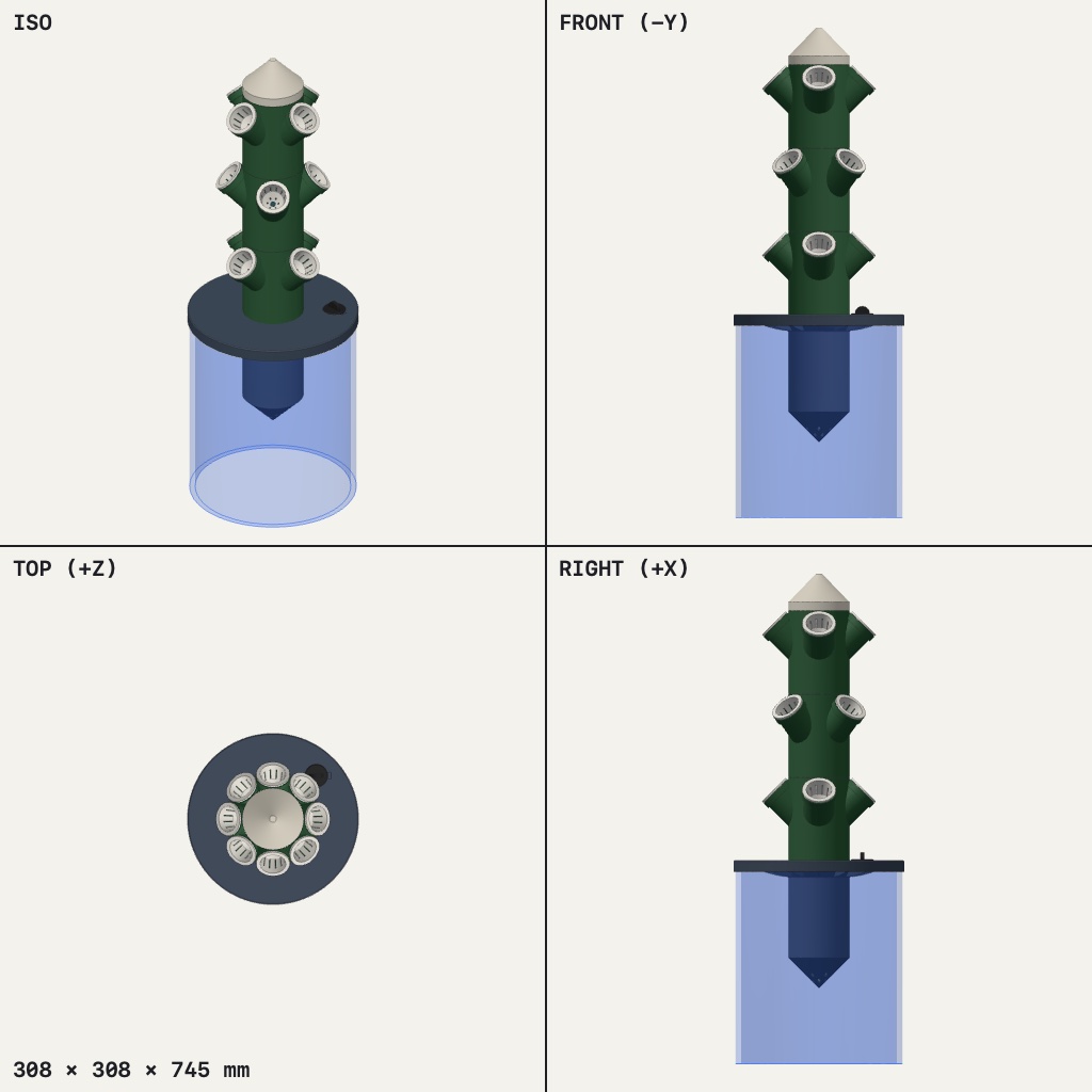 Tall green tower with angled cups on every level, standing on a round lid over a clear bucket
