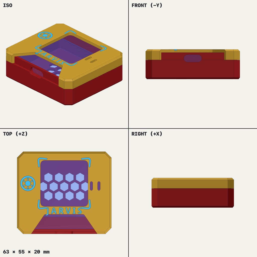 Flat red box with a gold lid, a square screen window and JARVIS lettering