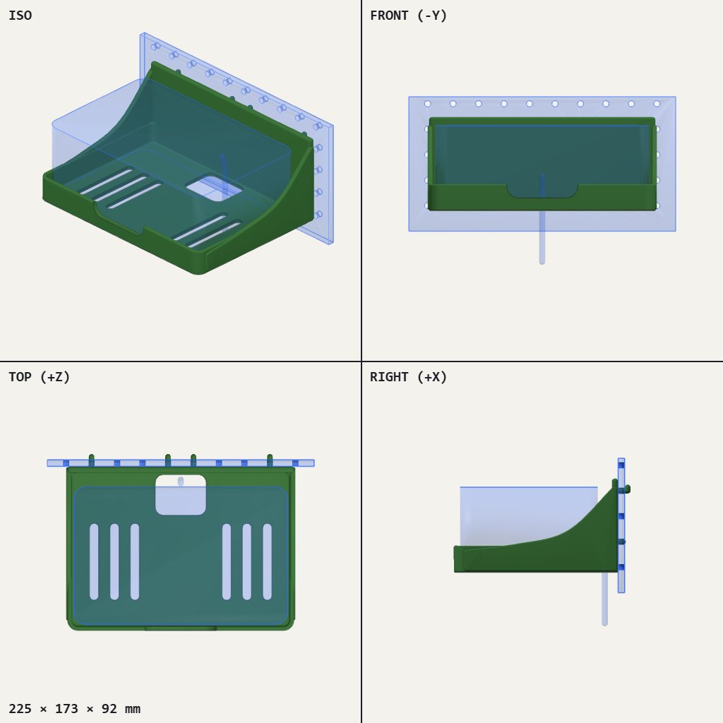 Open green tray with slotted floor and a low front lip, pegged onto a flat backplate