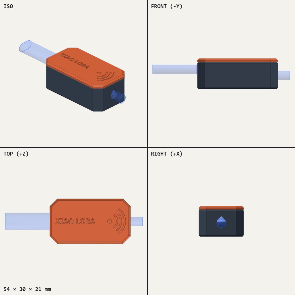 Dark rectangular case with an orange lid, a signal mark on top and a short tube sticking out each end