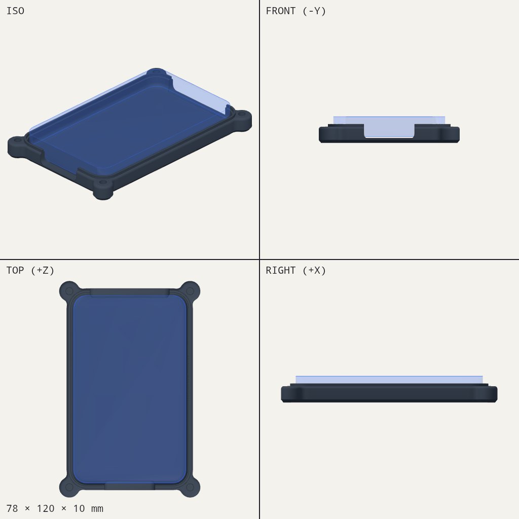 Shallow rounded tray with a screw ear at each corner, shaped to hold an iPod