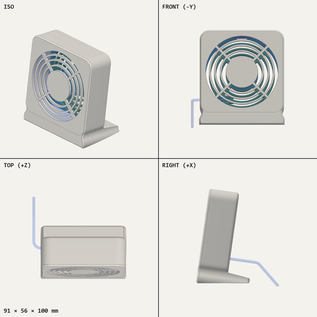 Square fan housing with a round grille tilted back on a low foot