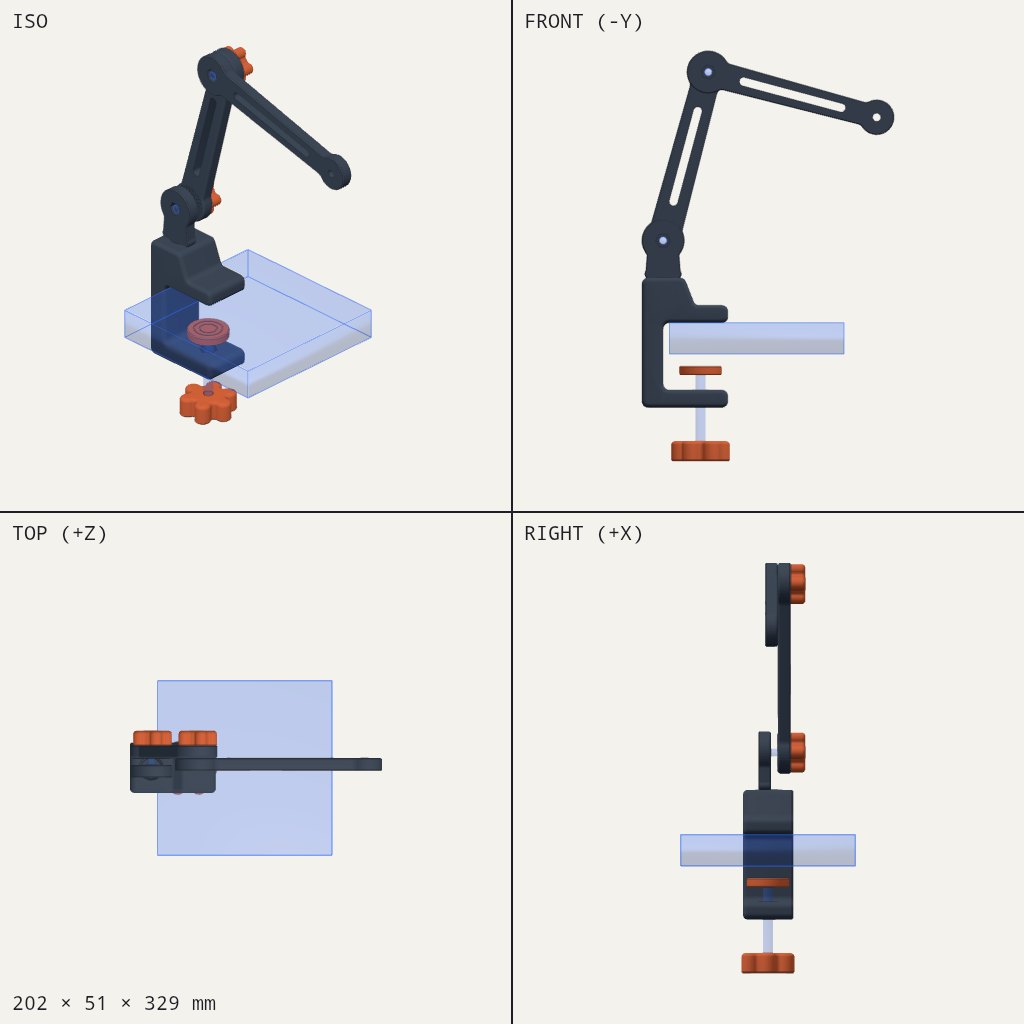 Dark two-part arm on a C-clamp with orange knobs, gripping the edge of a desk
