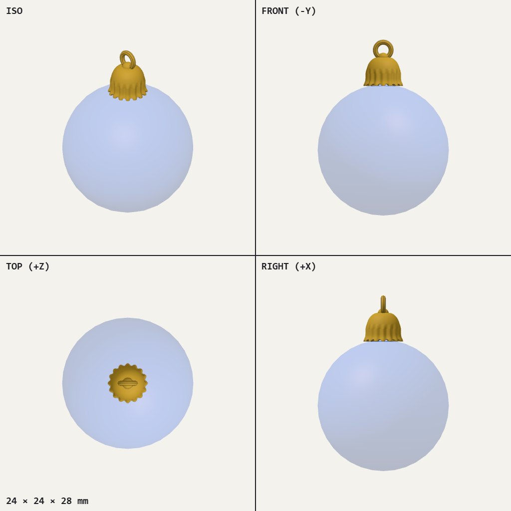 Small gold cap with a fluted, ruffled edge and a ring on top, sitting on a round bauble