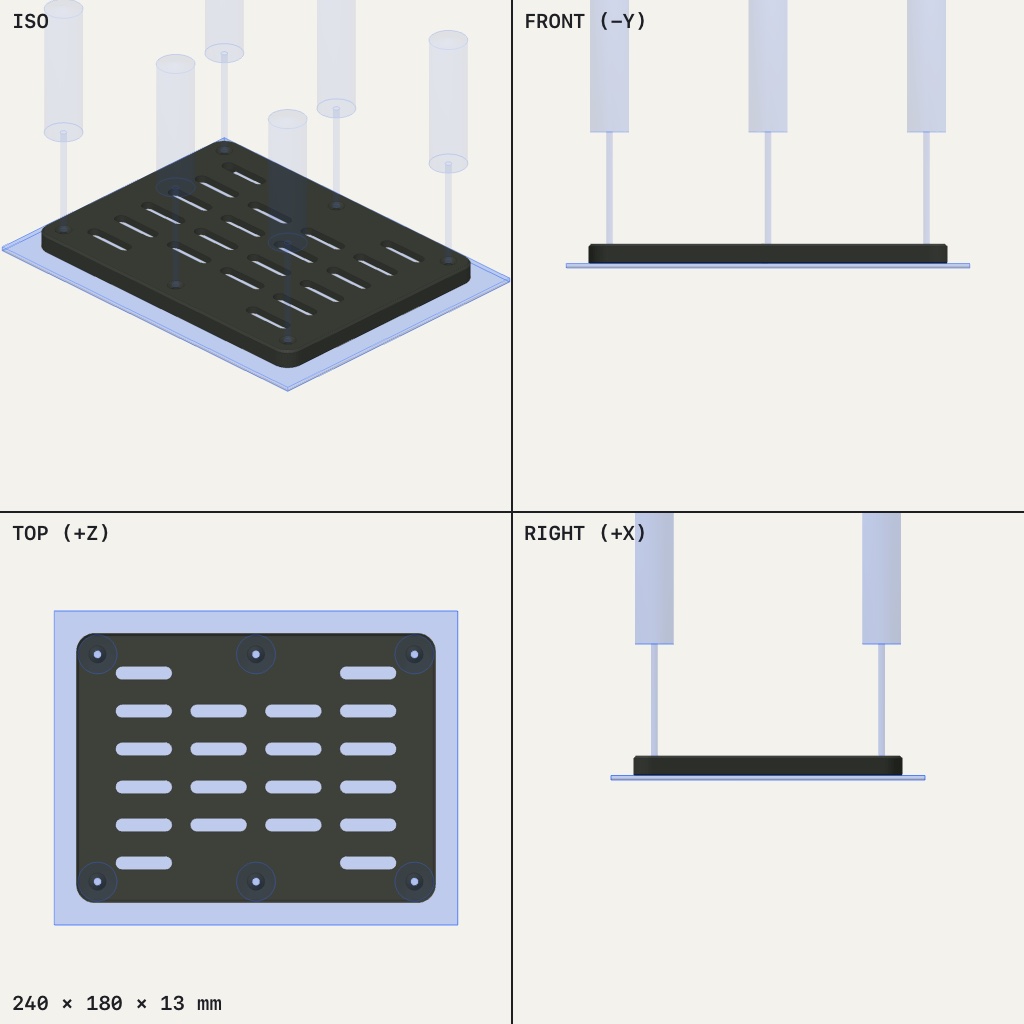Flat dark panel with rows of long slots and six bolt holes around the edge, standing off a backing plate