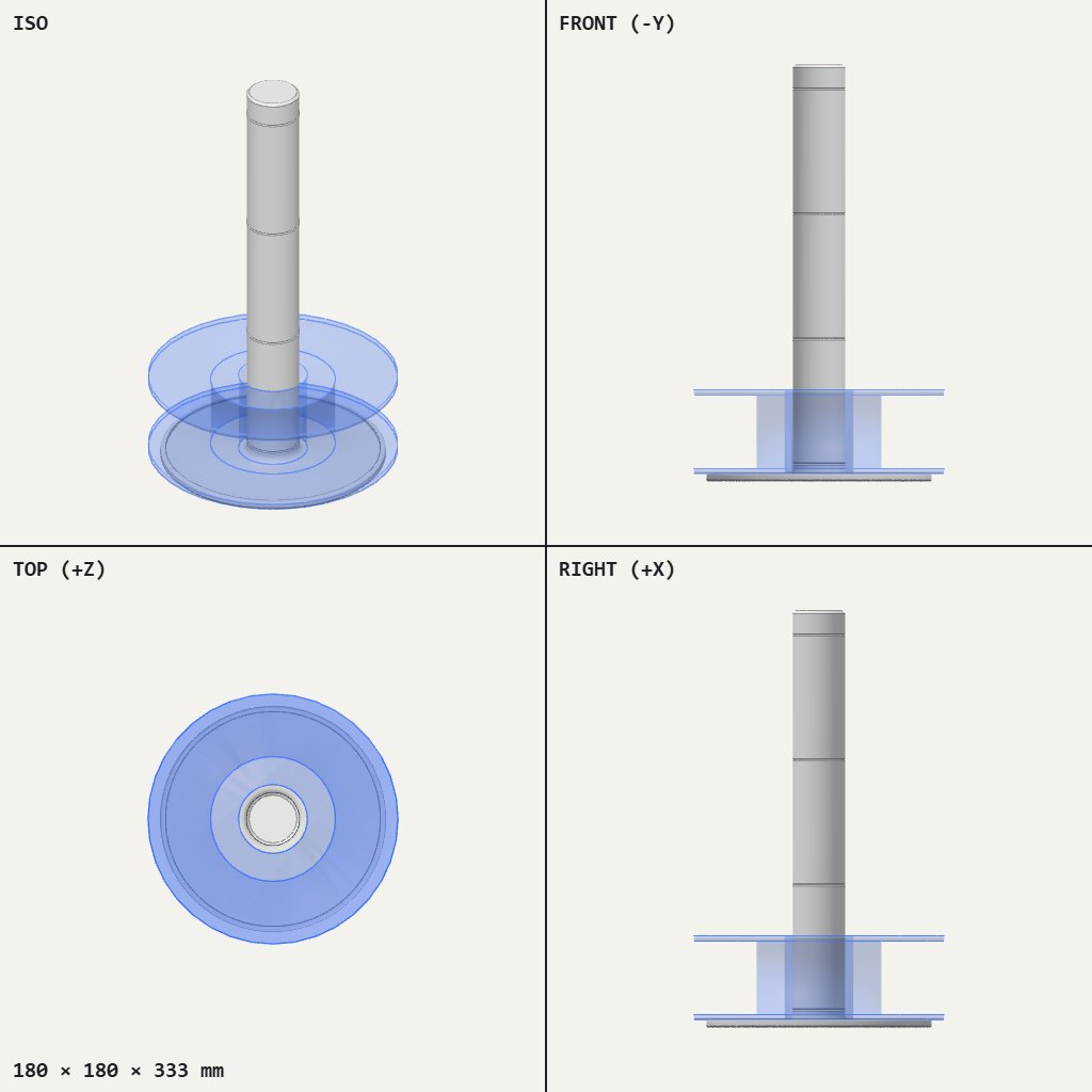 Tall slim post rising from a wide round base with two thin discs near the bottom