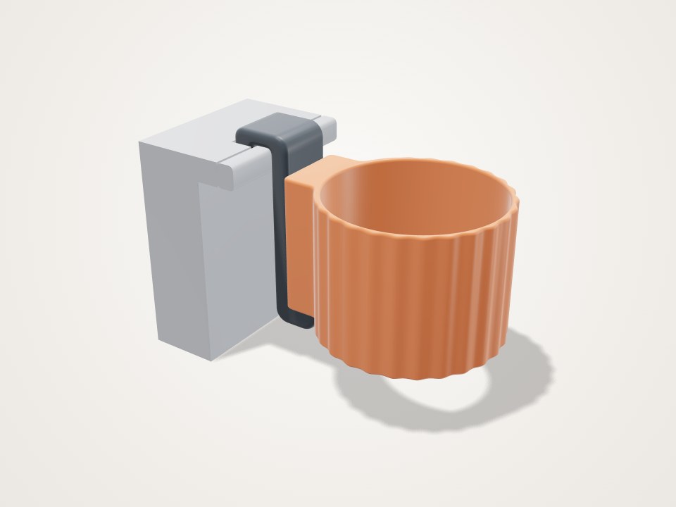 Orange ribbed cup attached by a dark hook to a grey block that clips into a slot