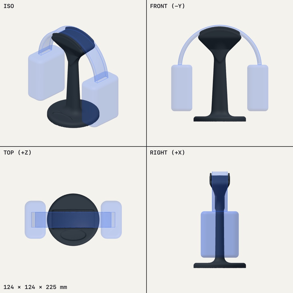 Dark headphone stand with a curved top cradle on a slim stem and round base, headphones hanging on it