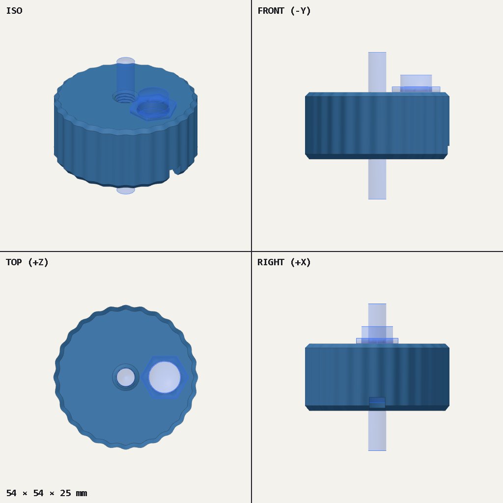 Round fluted disc with a threaded hole and a hex-shaped switch seat on top