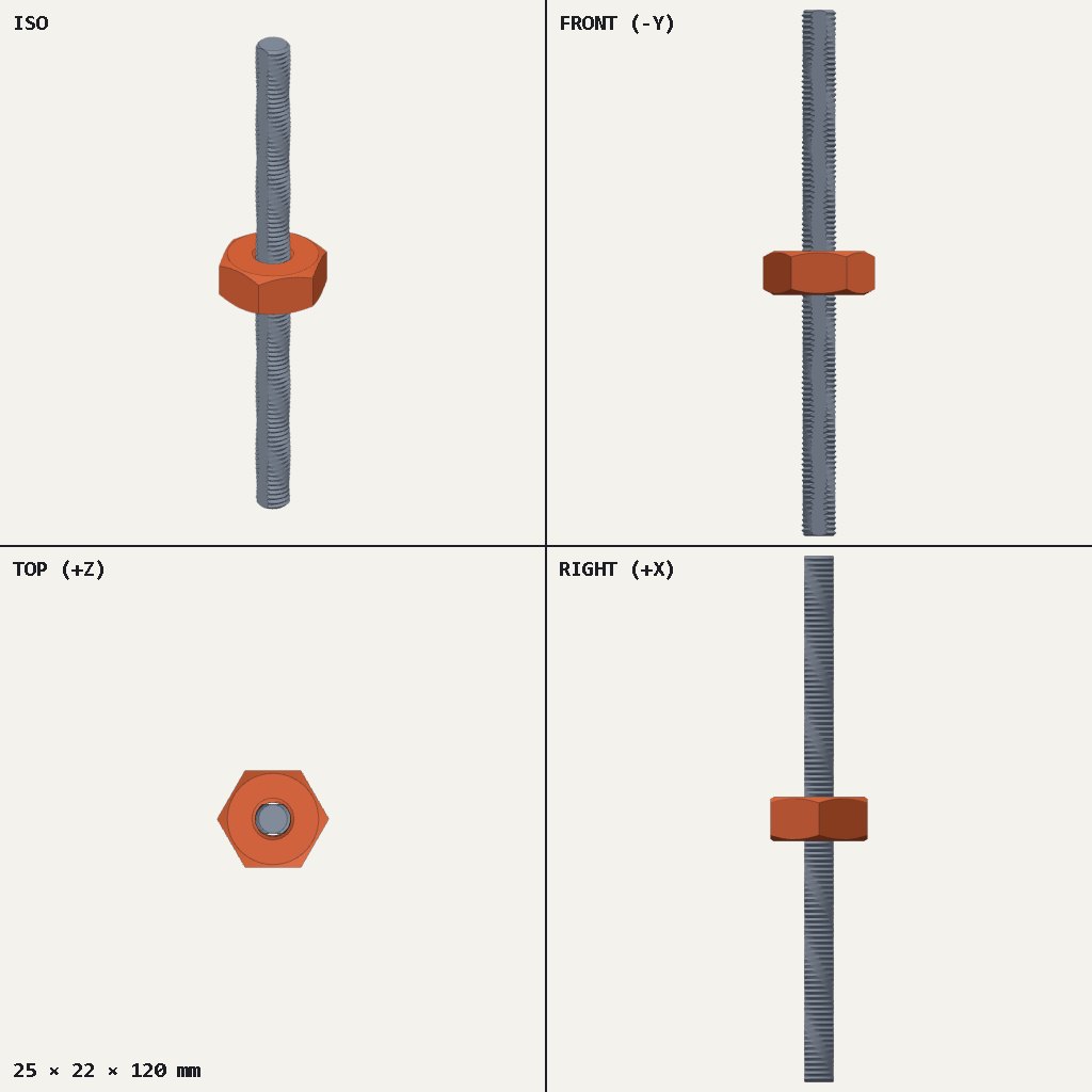 Long grey threaded rod with an orange hex nut sitting partway along it