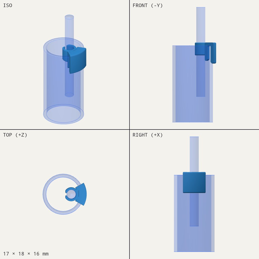 Small blue clip with a round tube ring and a curved piece that hooks over a tall pipe