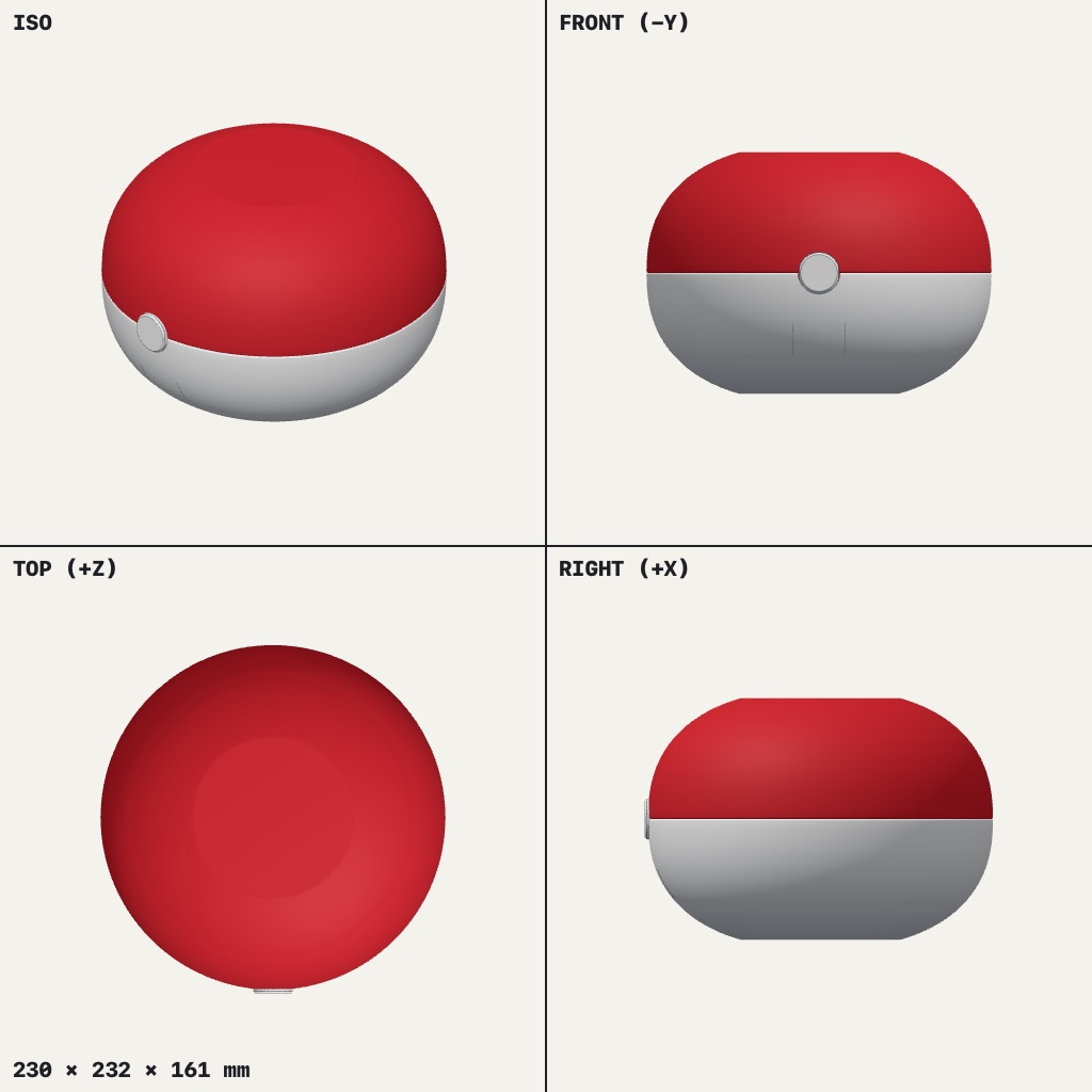 Red and white ball-shaped box with a round button on the seam, slightly flattened top and bottom